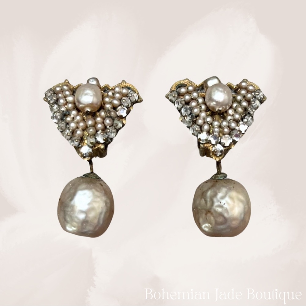 Miriam Haskell Signed Vintage Pearl Drop Clip On Earrings